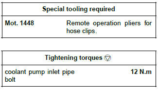 Renault Clio. Coolant pump inlet pipe: Removal - Refitting