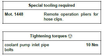 Renault Clio. Coolant pump inlet pipe: Removal - Refitting