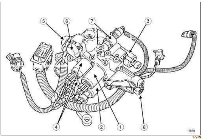 Renault Clio. Electro-hydraulic unit: List and location of components